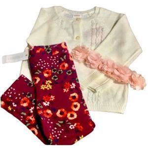 Ivory Cardigan Floral Leggings Headband Set Sz 2T